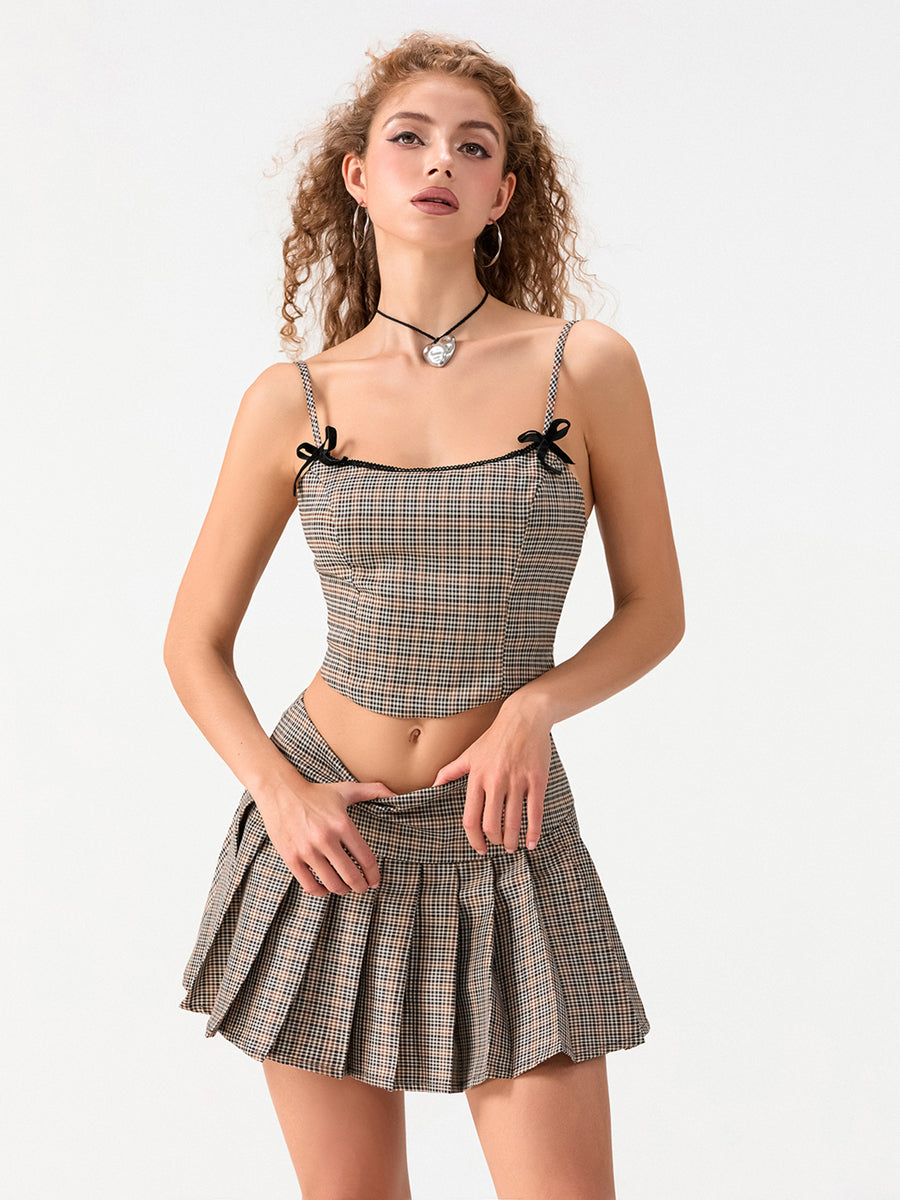 Women's Summer Plaid Tie Back Camisole and Pleated Skirt 2-Piece Set