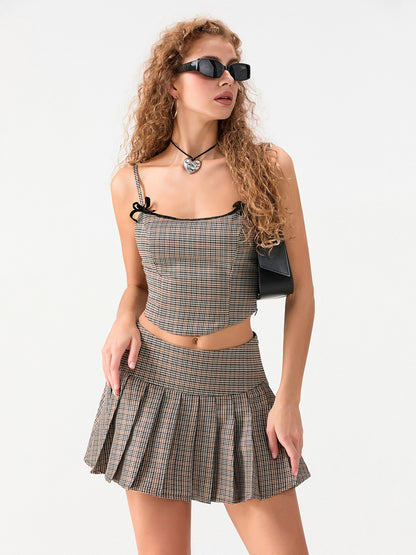 Women's Summer Plaid Tie Back Camisole and Pleated Skirt 2-Piece Set