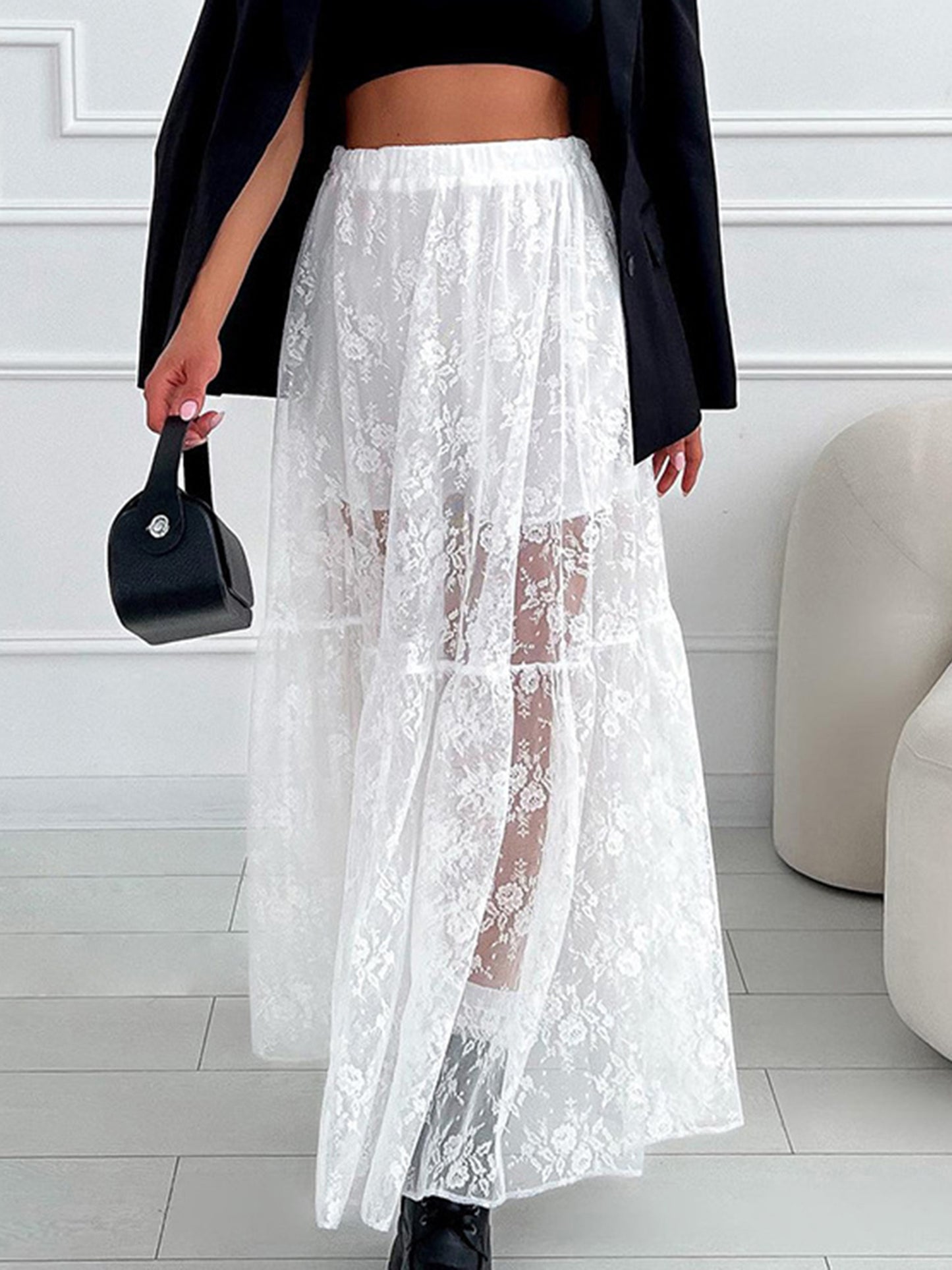 Women See-Through Lace A-Line Skirts Elastic Waist Long Skirt