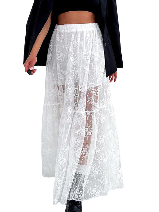 Women See-Through Lace A-Line Skirts Elastic Waist Long Skirt