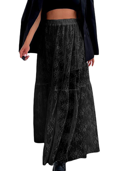 Women See-Through Lace A-Line Skirts Elastic Waist Long Skirt