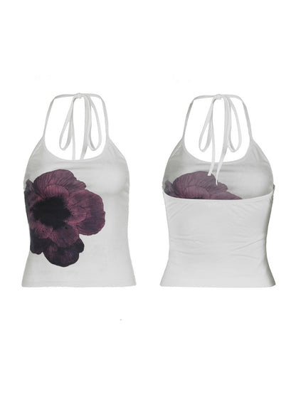 Women Halter Top, Tie-up Sleeveless Backless Flower Print Summer Vest