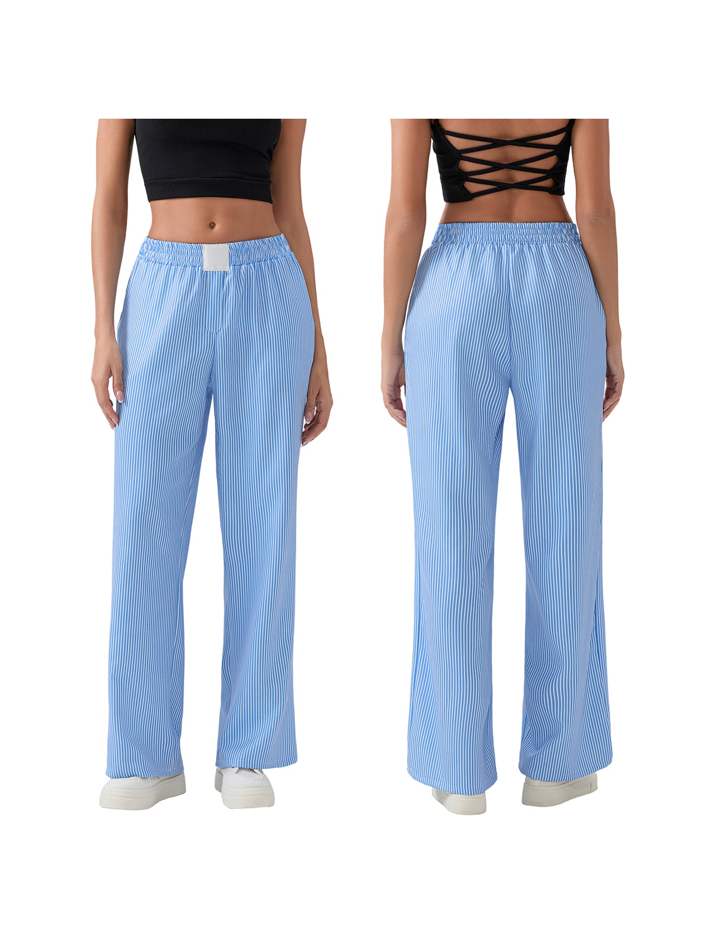 Women's Stripe Print Loose Pants High Waist Straight Leg Trousers