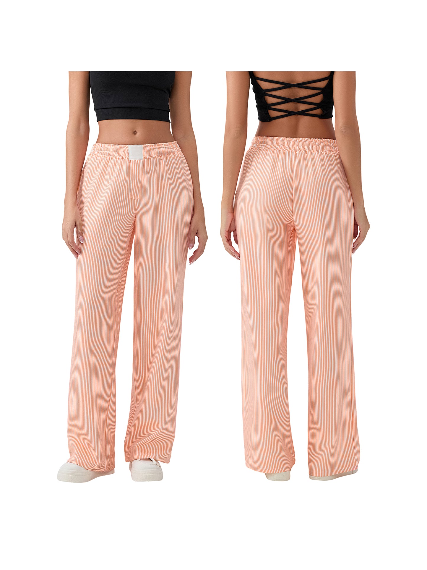 Women's Stripe Print Loose Pants High Waist Straight Leg Trousers