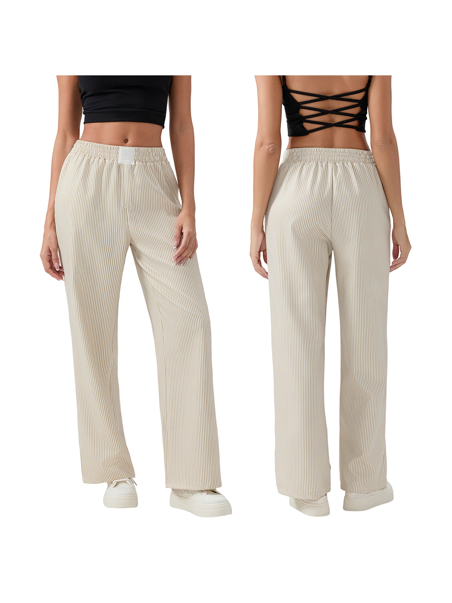 Women's Stripe Print Loose Pants High Waist Straight Leg Trousers