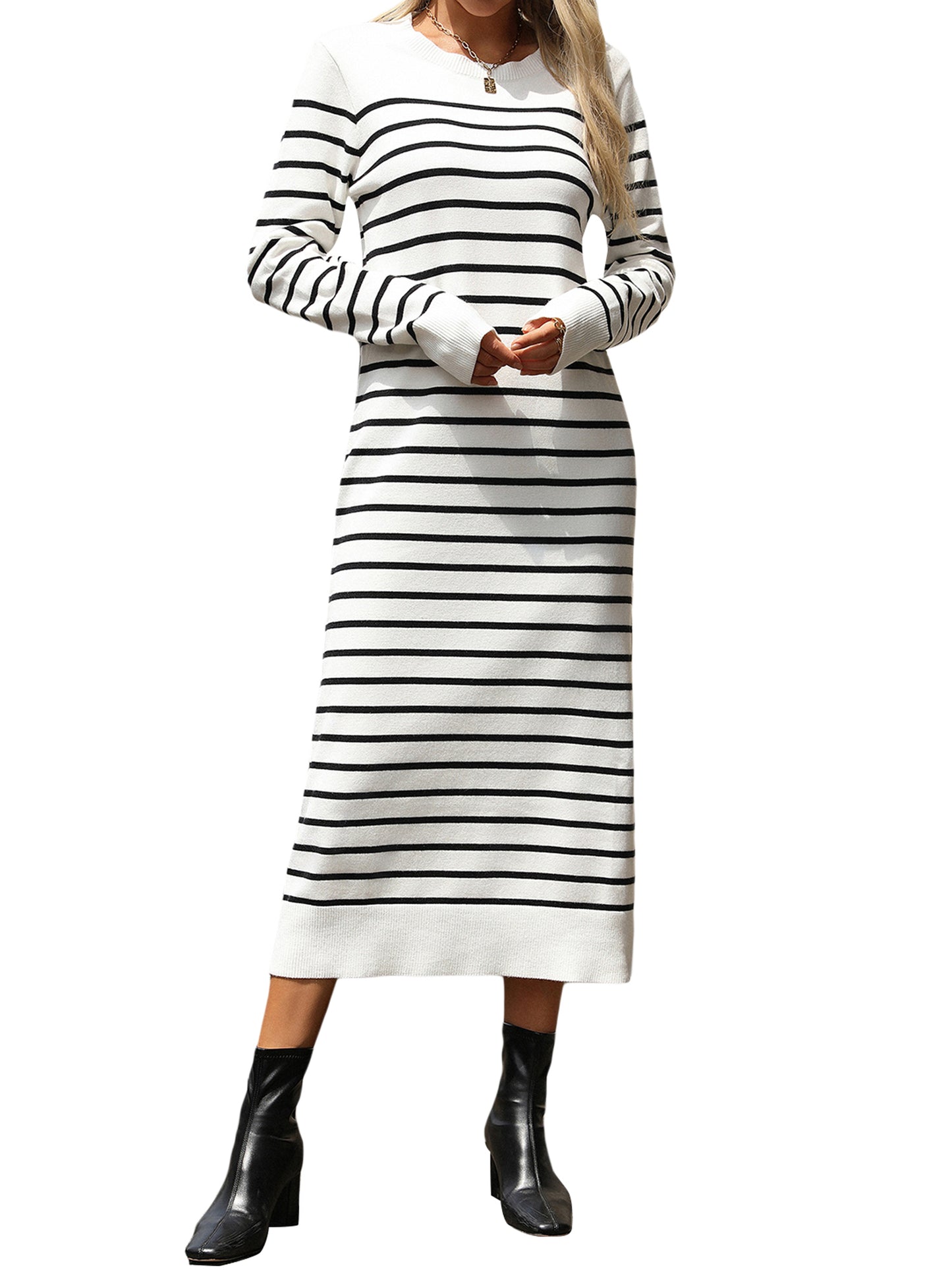 Womens Striped Knit Dress Fitted Round Neck Long Sleeve Midi Dress