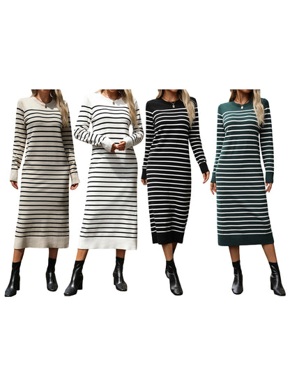 Womens Striped Knit Dress Fitted Round Neck Long Sleeve Midi Dress