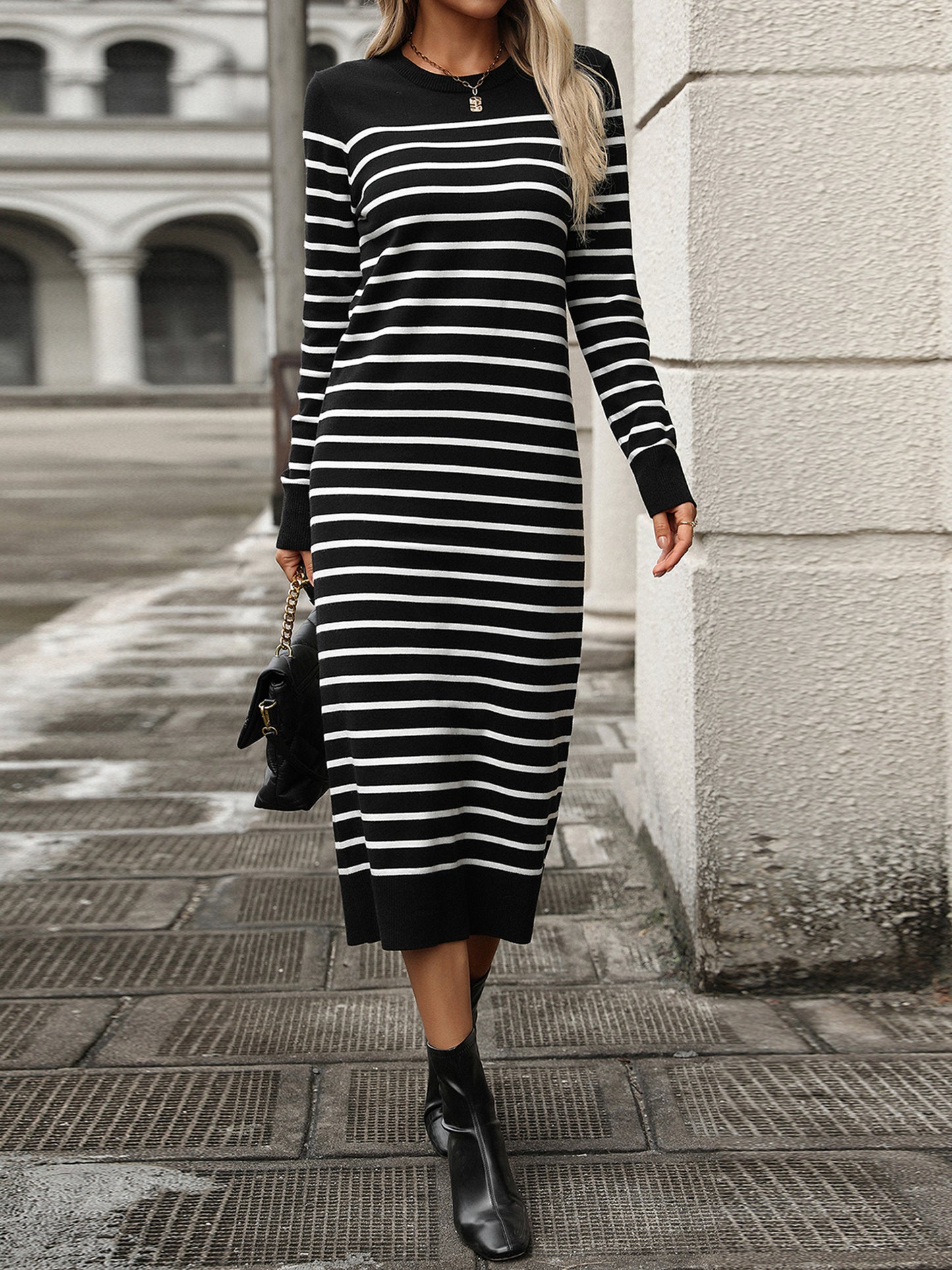 Womens Striped Knit Dress Fitted Round Neck Long Sleeve Midi Dress