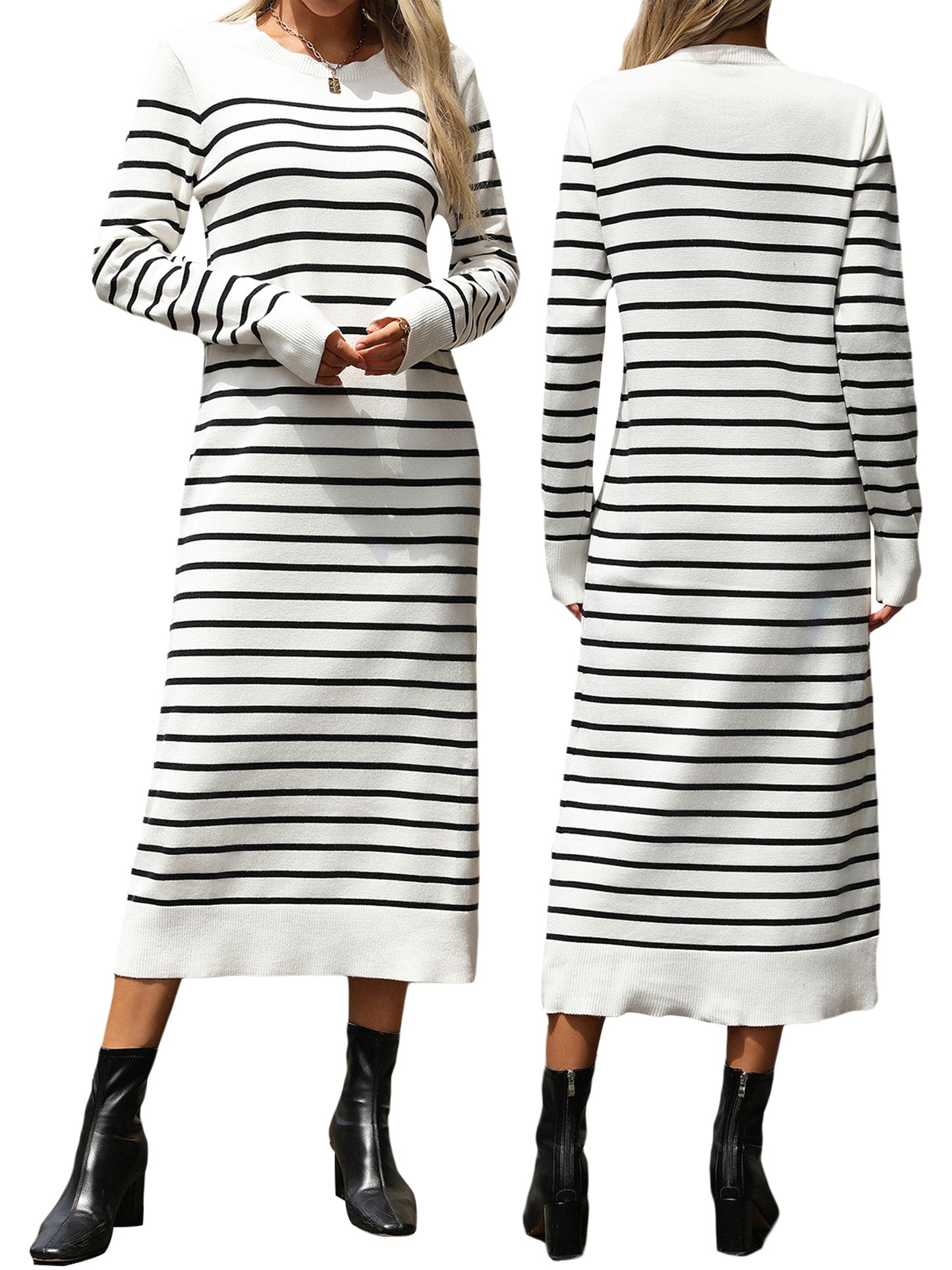 Womens Striped Knit Dress Fitted Round Neck Long Sleeve Midi Dress