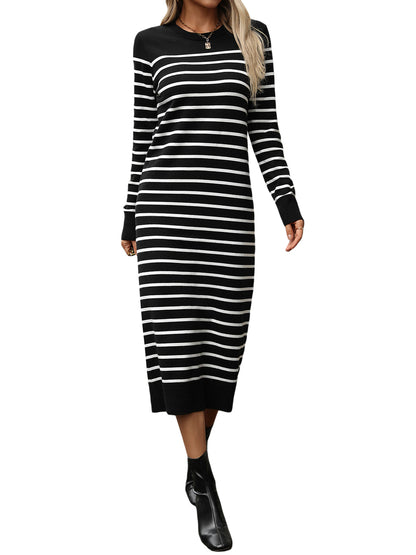 Womens Striped Knit Dress Fitted Round Neck Long Sleeve Midi Dress