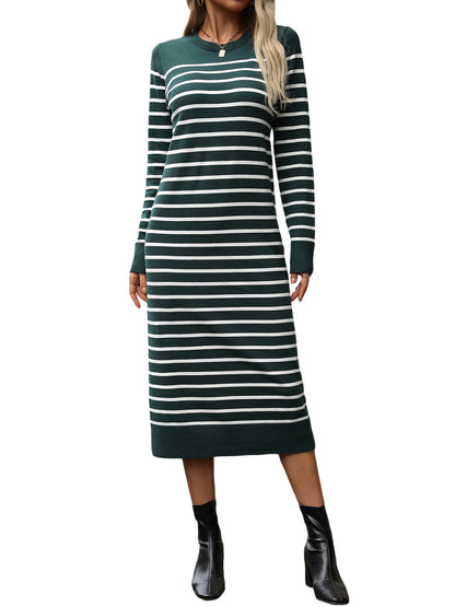 Womens Striped Knit Dress Fitted Round Neck Long Sleeve Midi Dress