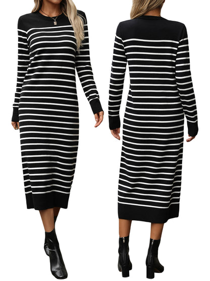 Womens Striped Knit Dress Fitted Round Neck Long Sleeve Midi Dress