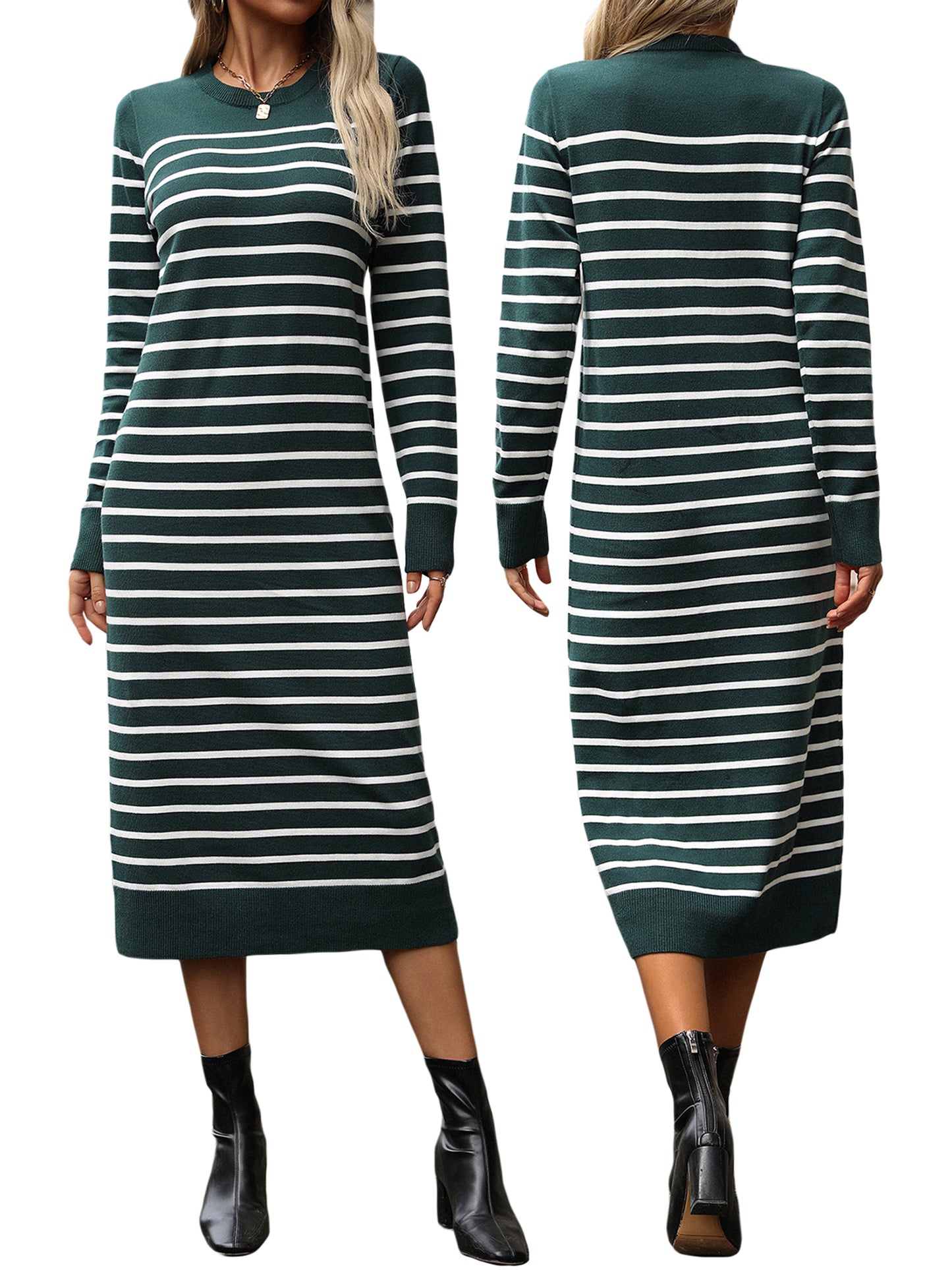 Womens Striped Knit Dress Fitted Round Neck Long Sleeve Midi Dress