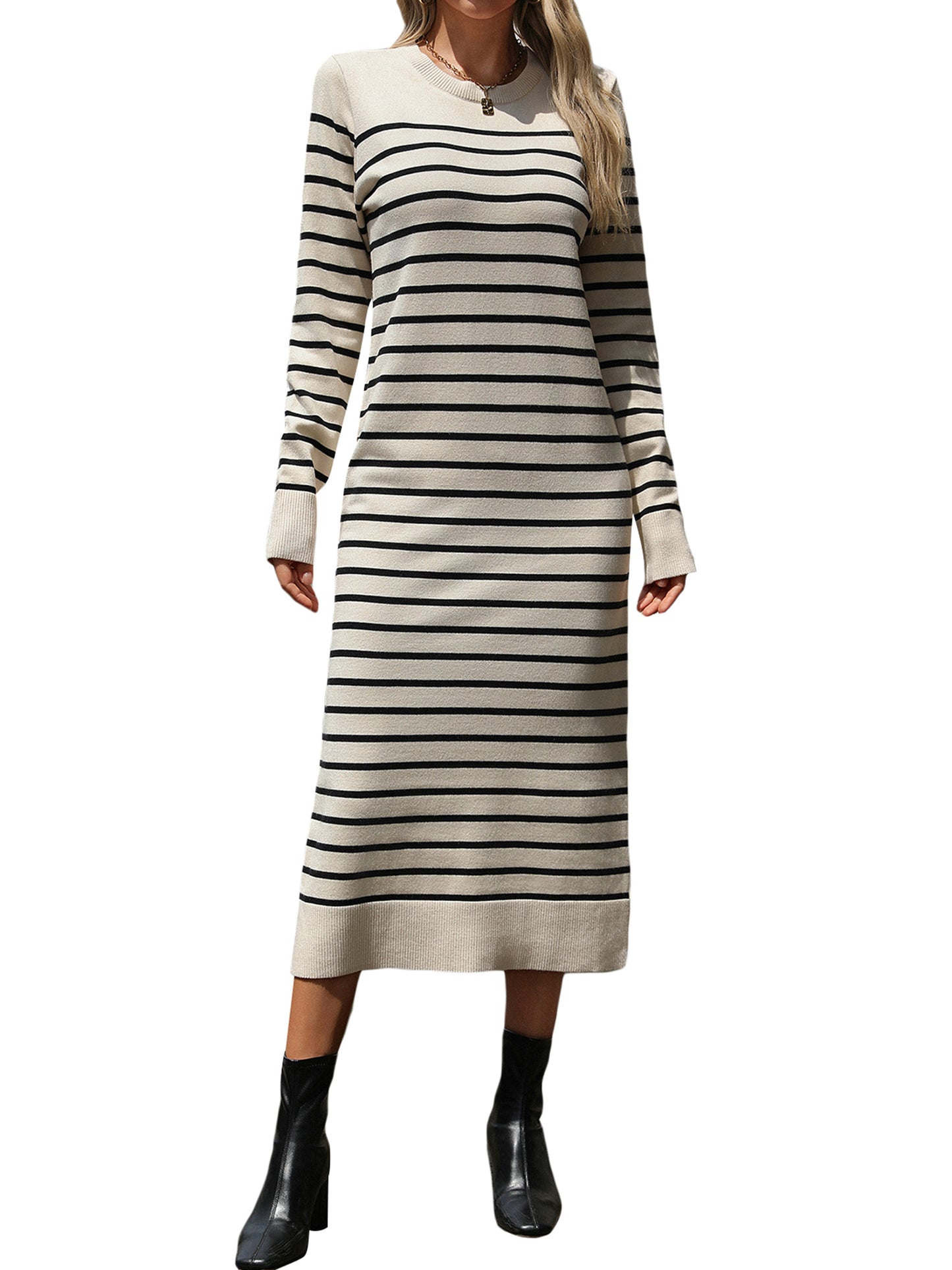 Womens Striped Knit Dress Fitted Round Neck Long Sleeve Midi Dress