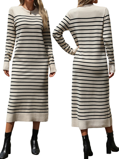 Womens Striped Knit Dress Fitted Round Neck Long Sleeve Midi Dress