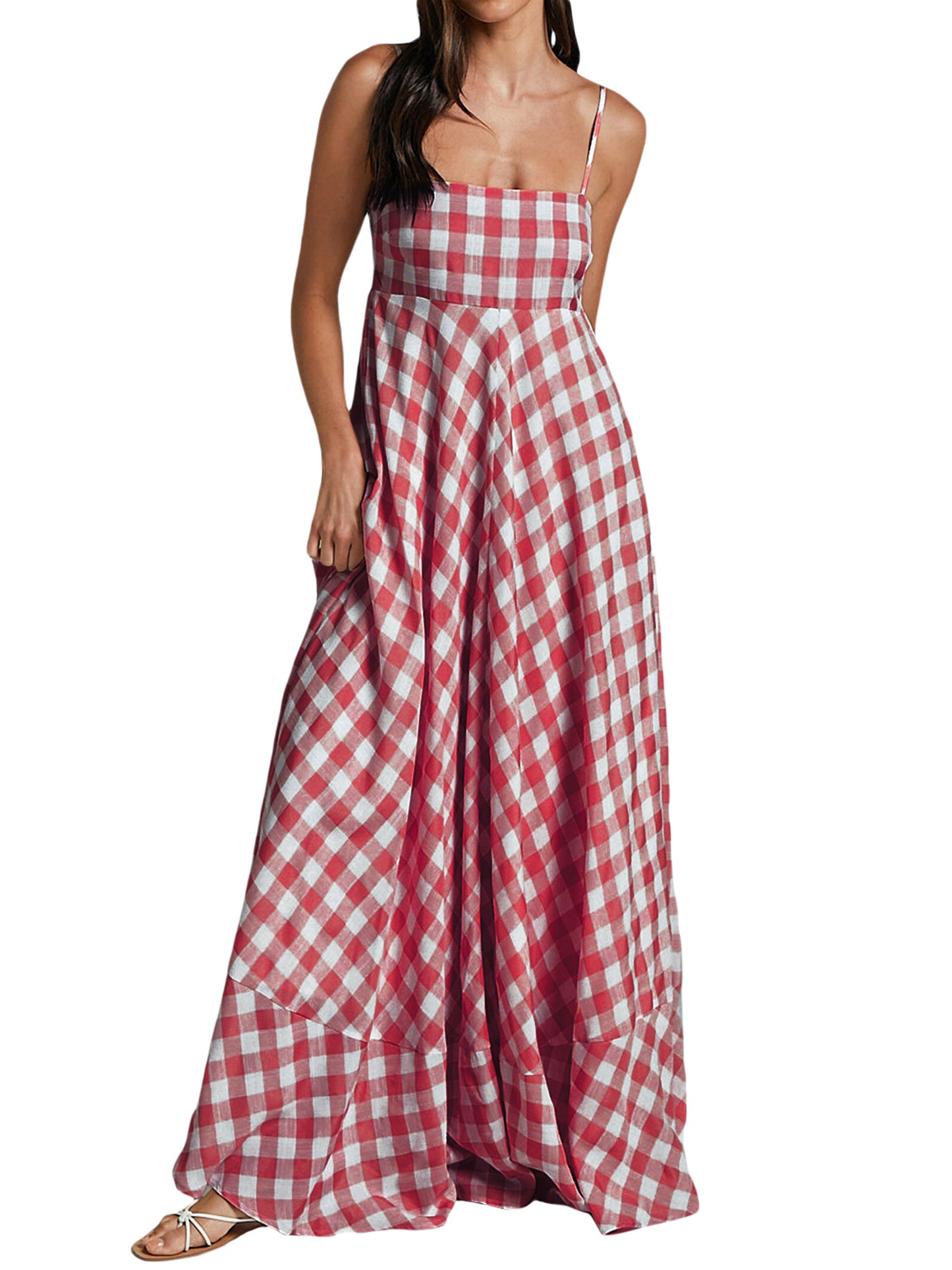 Women Summer Sleeveless Dress Casual Plaid Print A-Line Party Dress