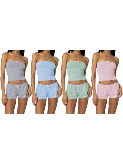 Women Pinstripes Bow Shorts Set Slim Fit Crop Tube Tops Shorts Outfit