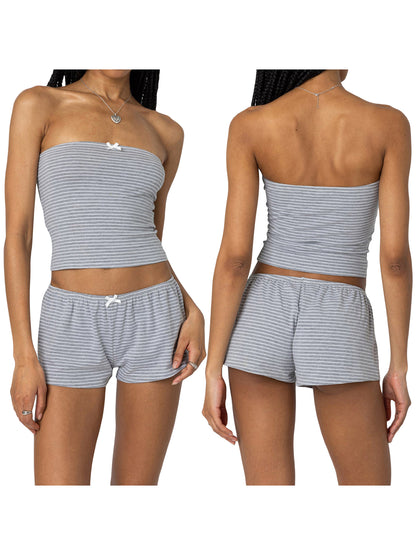 Women Pinstripes Bow Shorts Set Slim Fit Crop Tube Tops Shorts Outfit