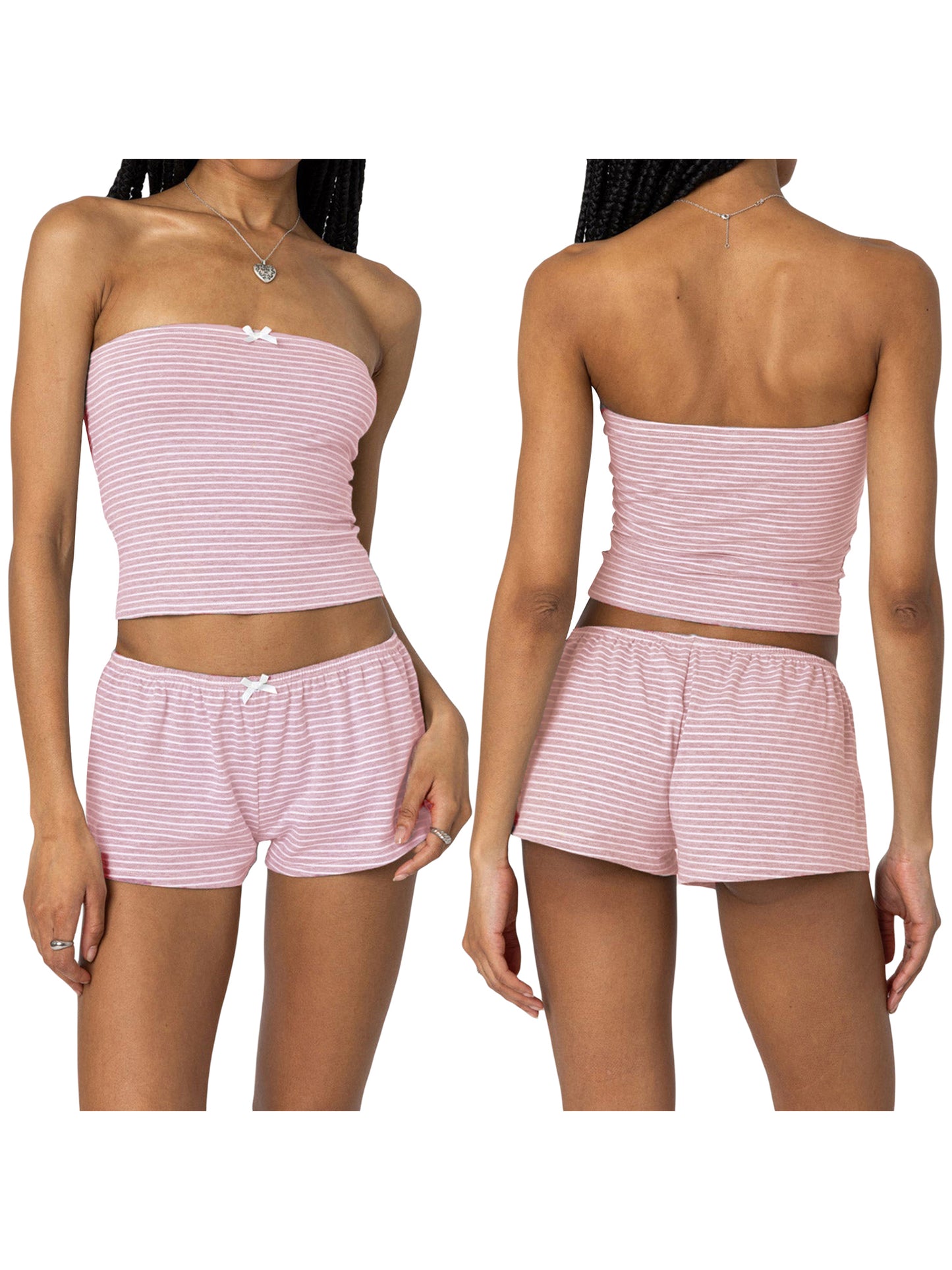 Women Pinstripes Bow Shorts Set Slim Fit Crop Tube Tops Shorts Outfit