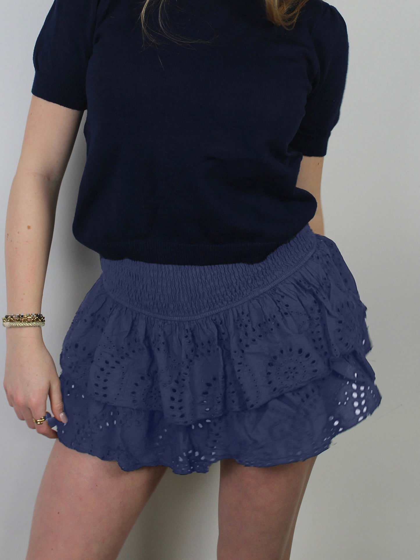 Womens Shirred Mini Skirt Pointelle High Waist Layered Ruffle Skirt