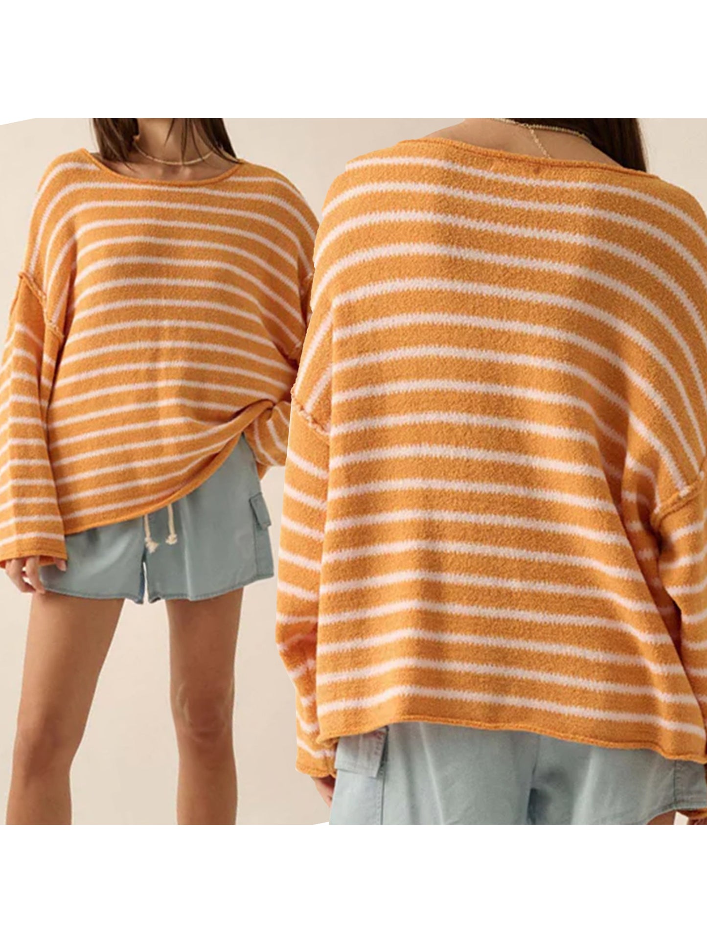 Women Loose Sweater Stripe Long Sleeve Round Neck Pullovers Tops