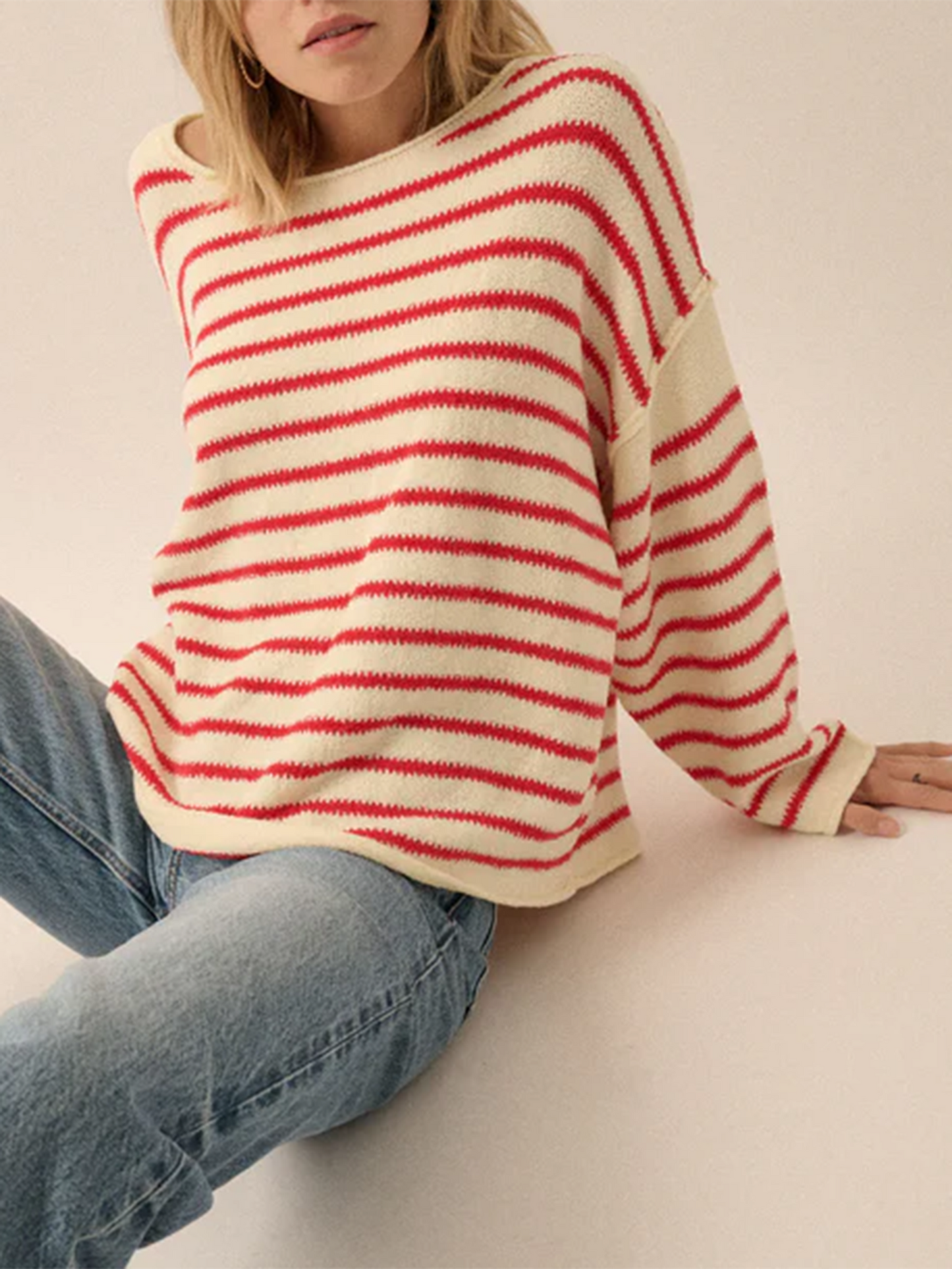 Women Loose Sweater Stripe Long Sleeve Round Neck Pullovers Tops