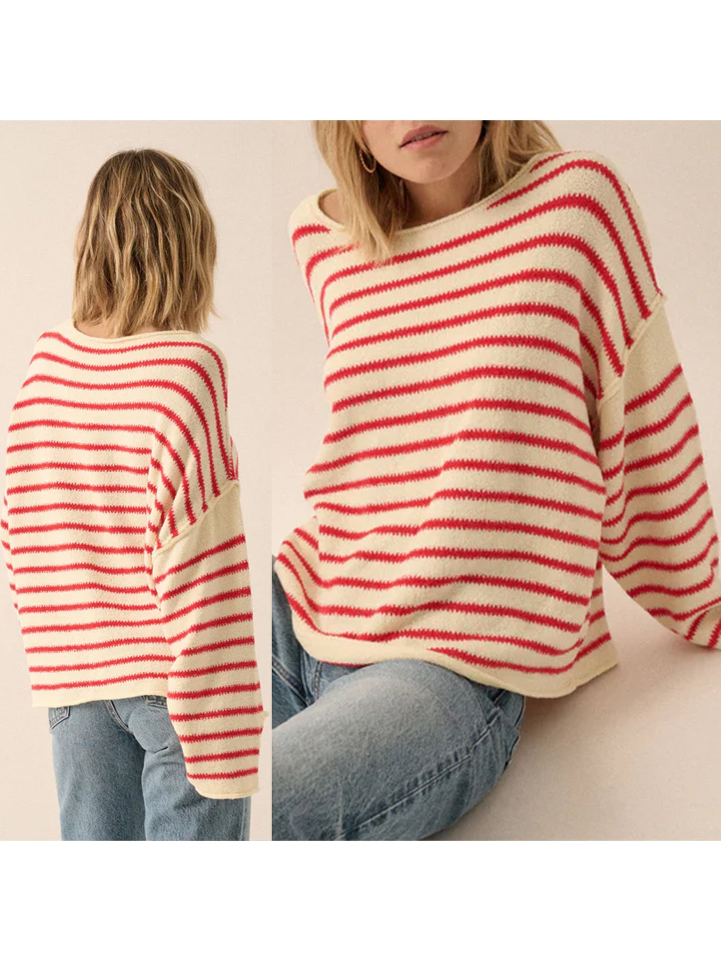 Women Loose Sweater Stripe Long Sleeve Round Neck Pullovers Tops