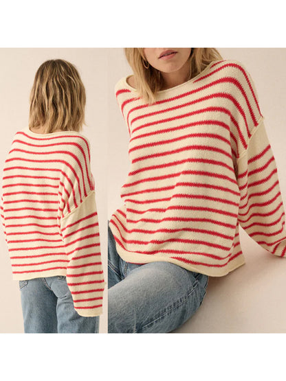 Women Loose Sweater Stripe Long Sleeve Round Neck Pullovers Tops