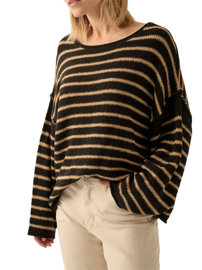 Women Loose Sweater Stripe Long Sleeve Round Neck Pullovers Tops