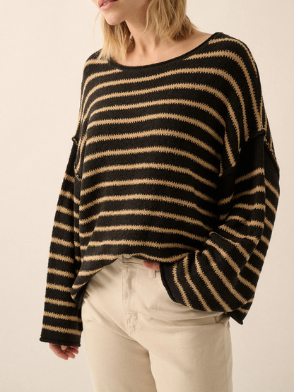 Women Loose Sweater Stripe Long Sleeve Round Neck Pullovers Tops