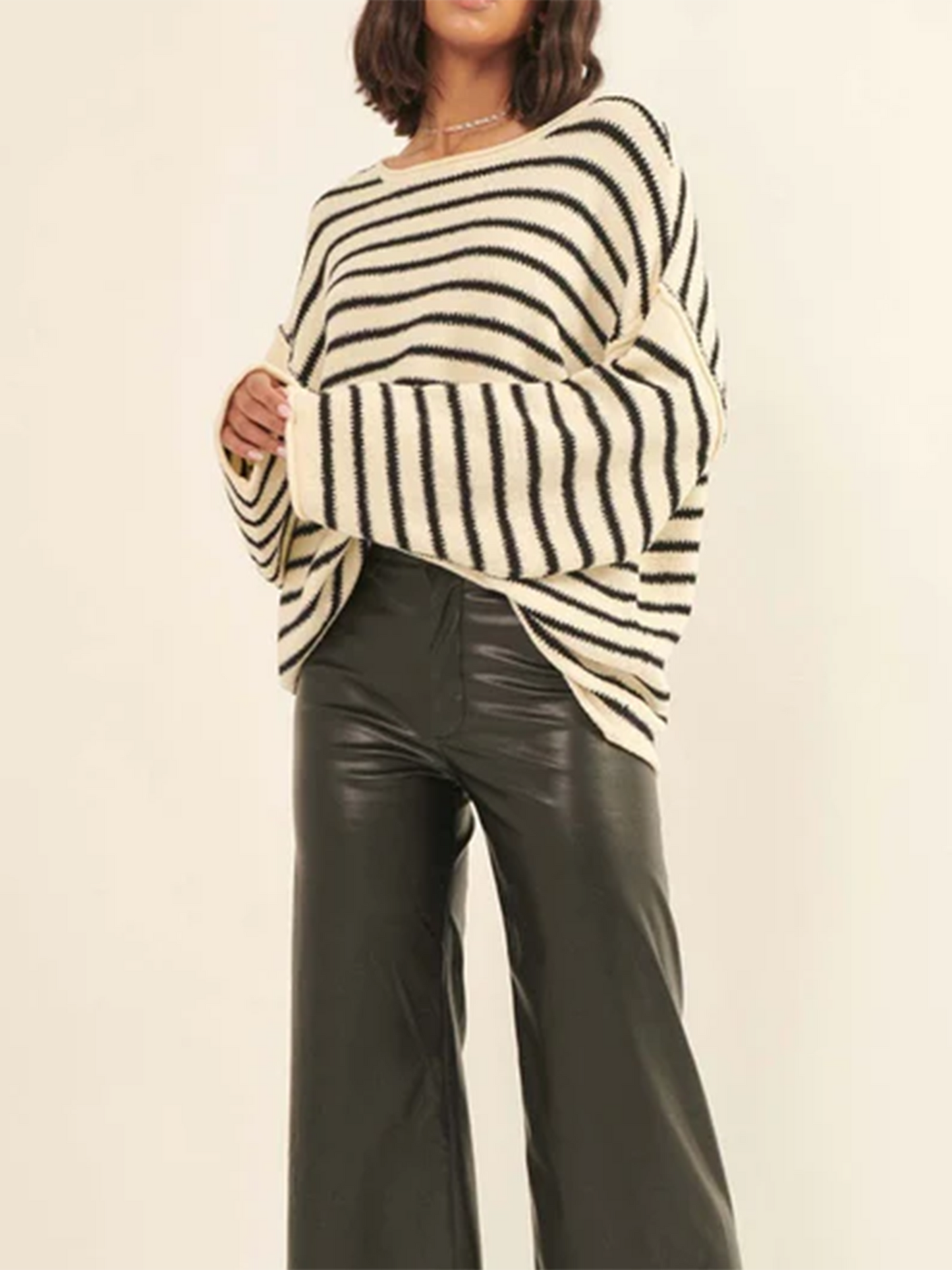 Women Loose Sweater Stripe Long Sleeve Round Neck Pullovers Tops