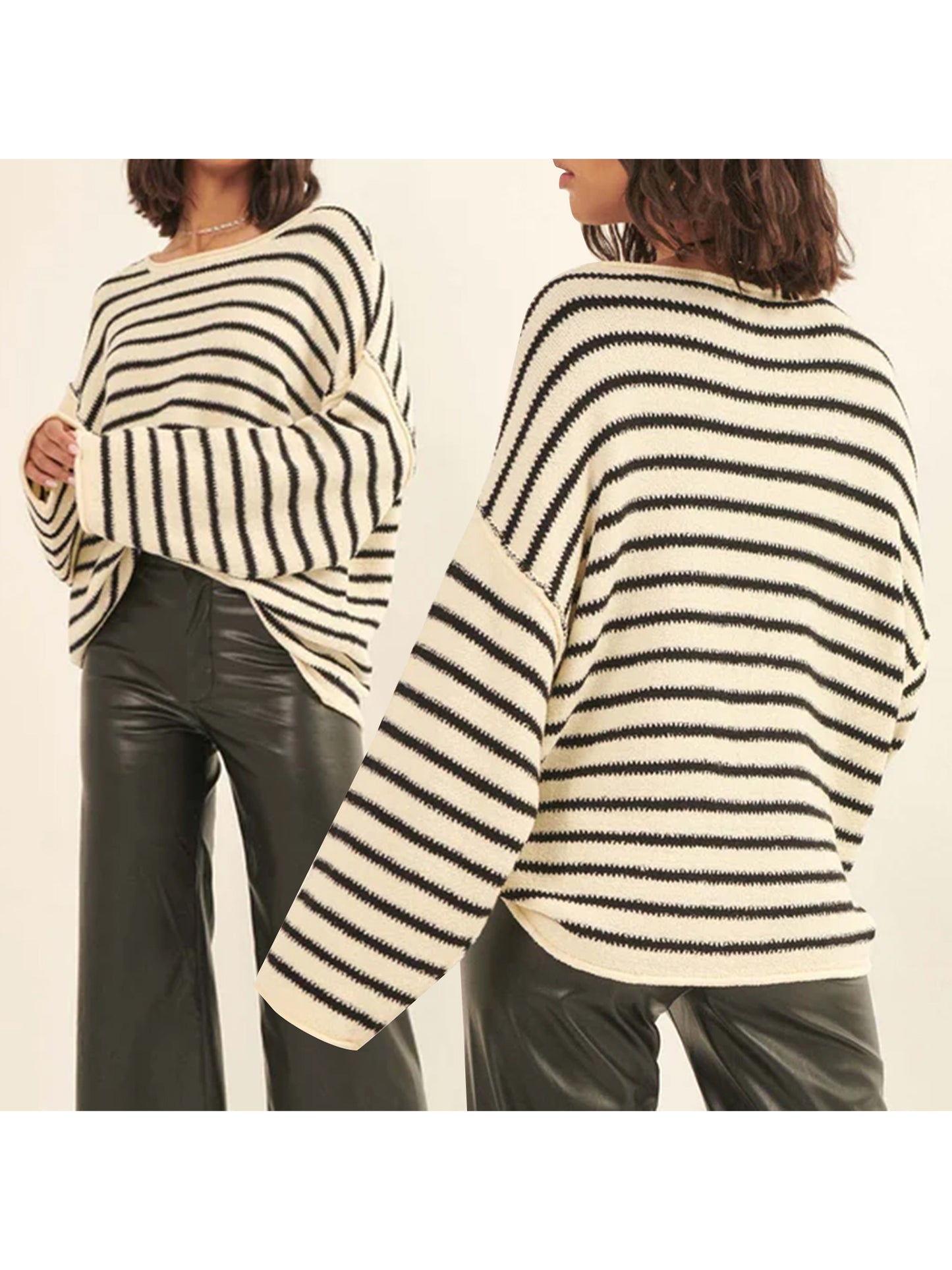 Women Loose Sweater Stripe Long Sleeve Round Neck Pullovers Tops