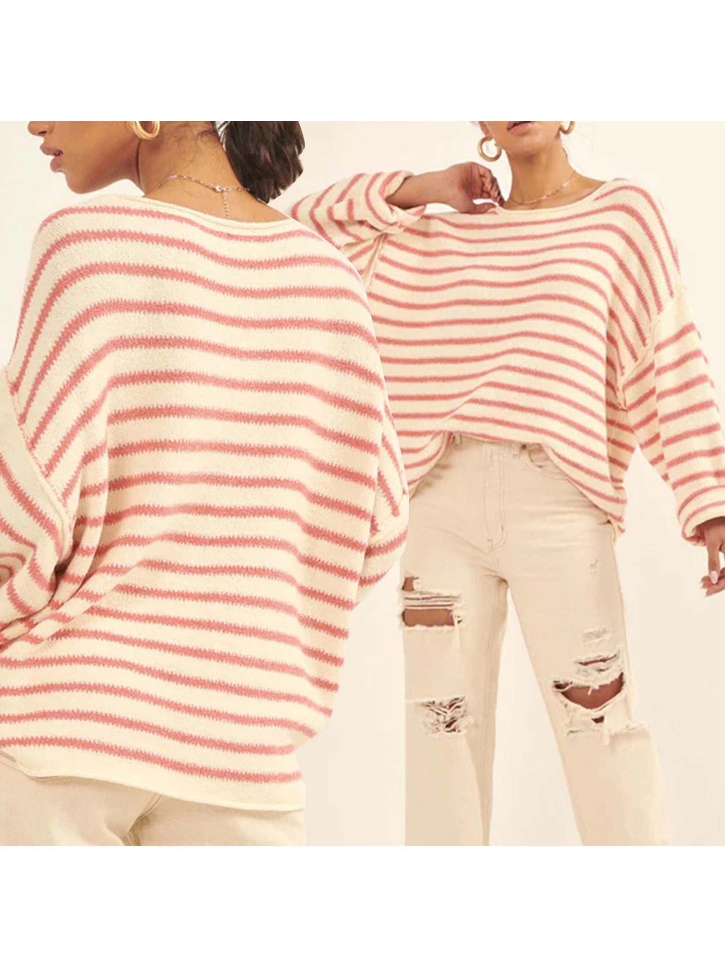 Women Loose Sweater Stripe Long Sleeve Round Neck Pullovers Tops