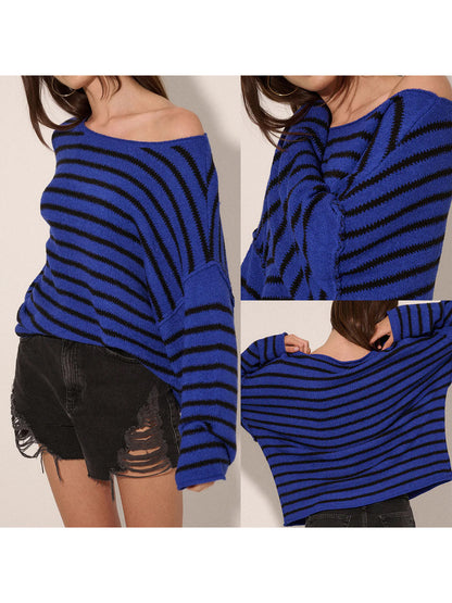 Women Loose Sweater Stripe Long Sleeve Round Neck Pullovers Tops