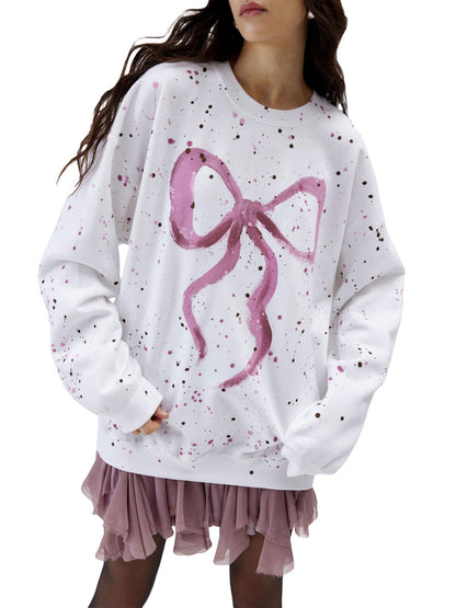 Women's Casual Sweatshirts Long Sleeve Round Neck Bow Print Pullovers