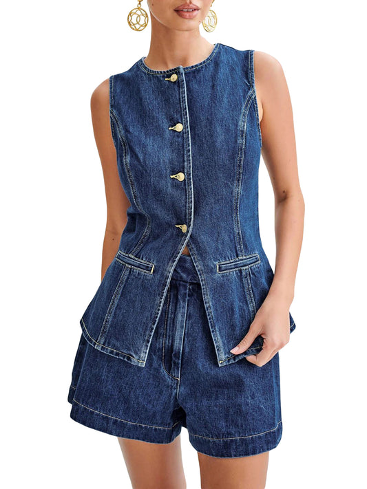 Women Denim Outfits Sleeveless Button Up Tank Tops Solid Color Shorts