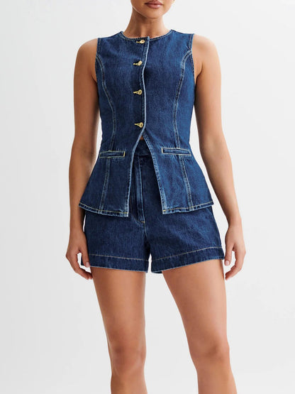 Women Denim Outfits Sleeveless Button Up Tank Tops Solid Color Shorts