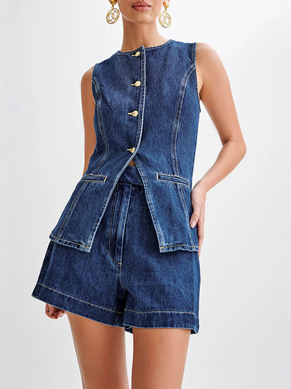 Women Denim Outfits Sleeveless Button Up Tank Tops Solid Color Shorts