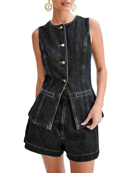 Women Denim Outfits Sleeveless Button Up Tank Tops Solid Color Shorts