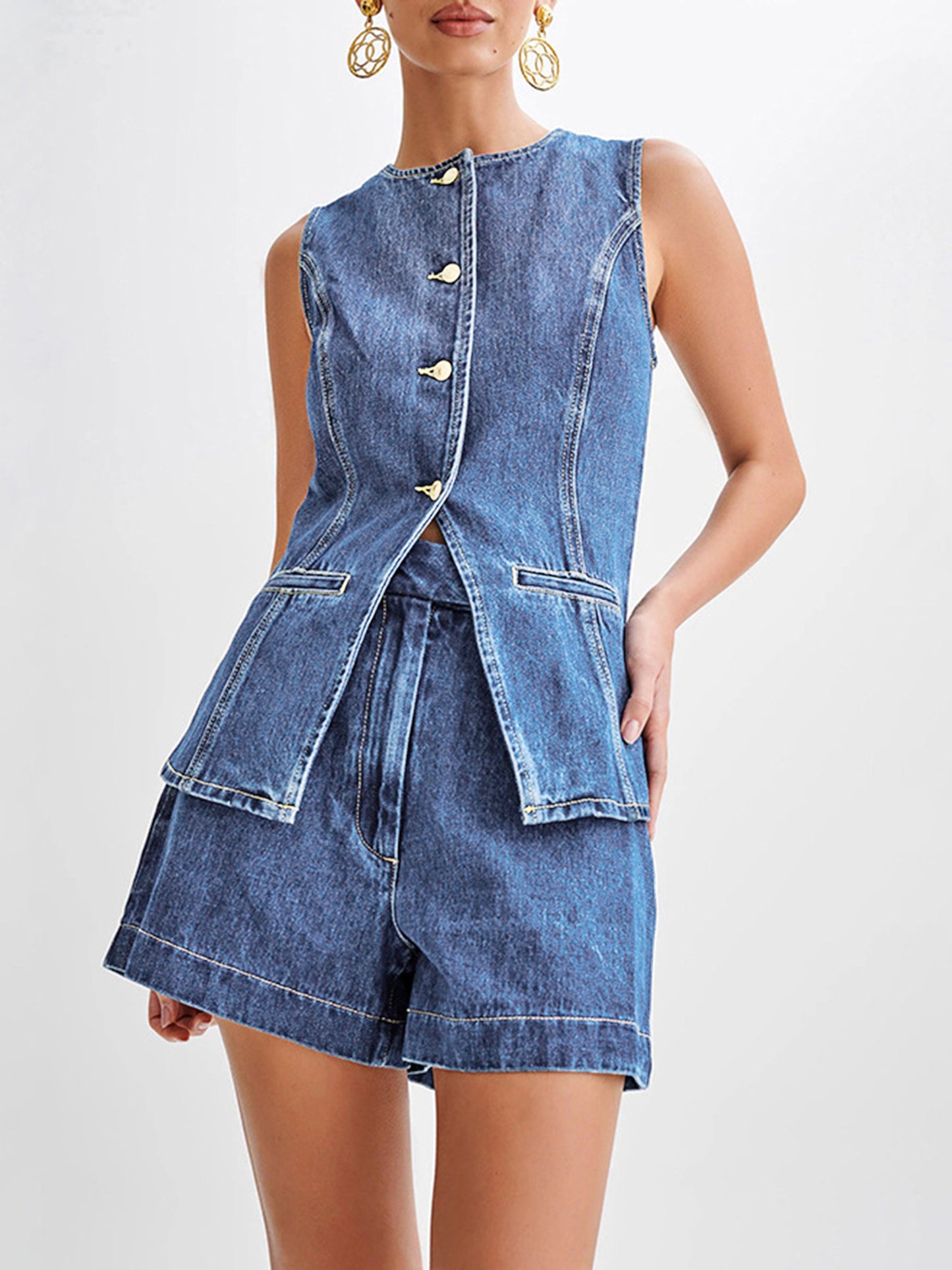 Women Denim Outfits Sleeveless Button Up Tank Tops Solid Color Shorts