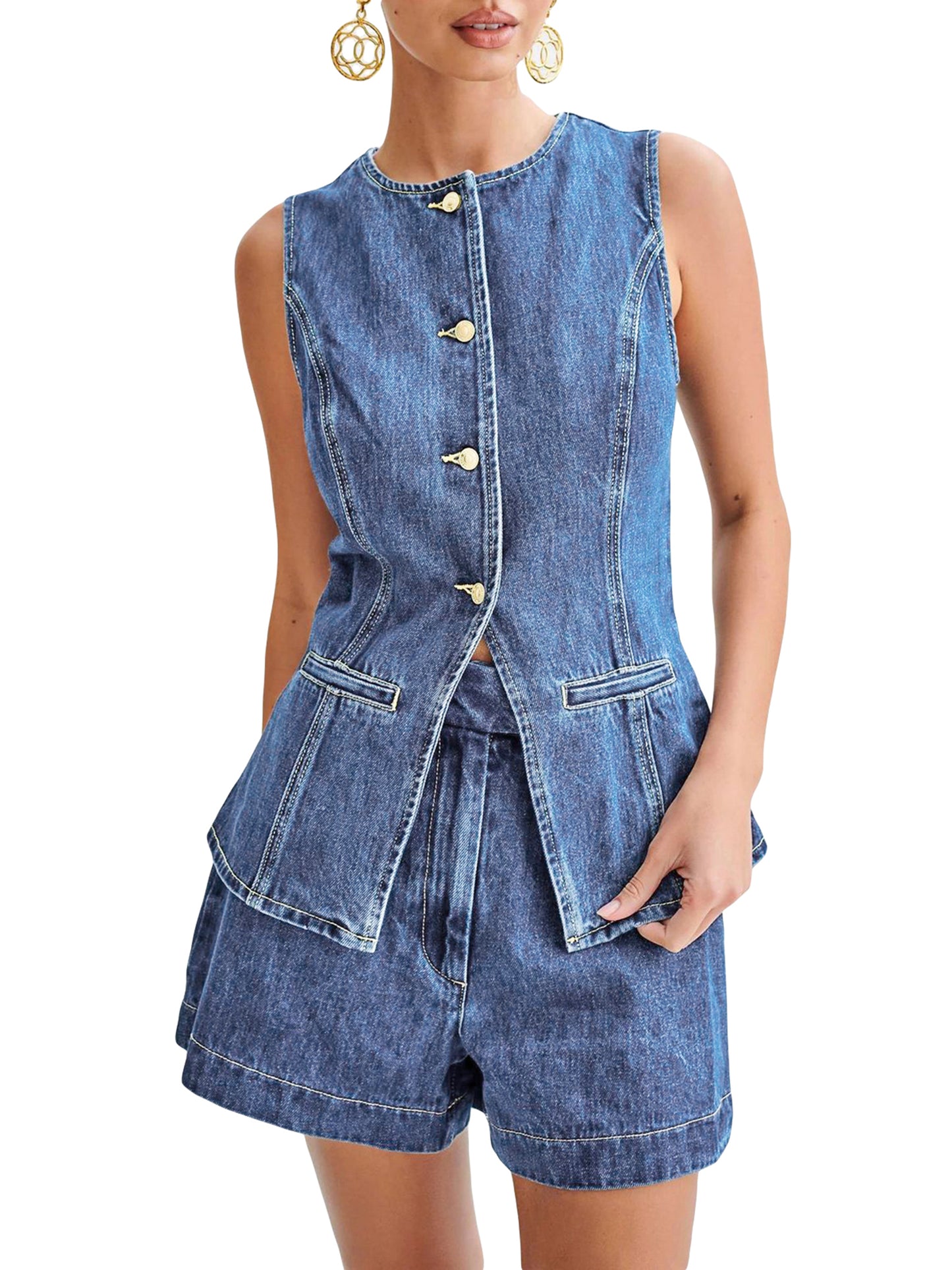 Women Denim Outfits Sleeveless Button Up Tank Tops Solid Color Shorts