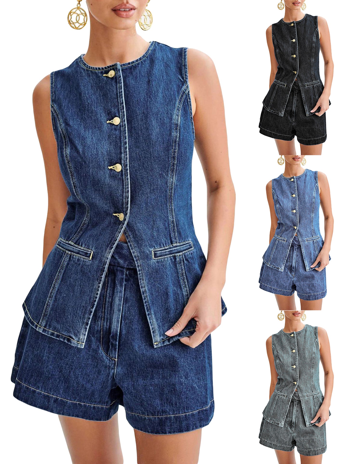 Women Denim Outfits Sleeveless Button Up Tank Tops Solid Color Shorts