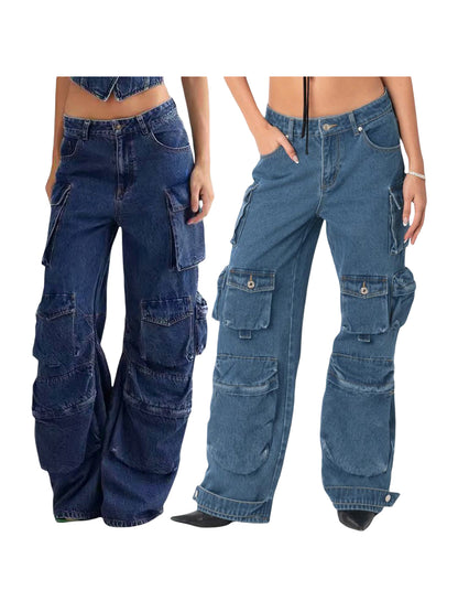 Women Cargo Jeans, Low Waist Zipper Button Closure Loose Trousers