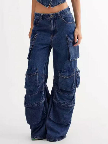 Women Cargo Jeans, Low Waist Zipper Button Closure Loose Trousers