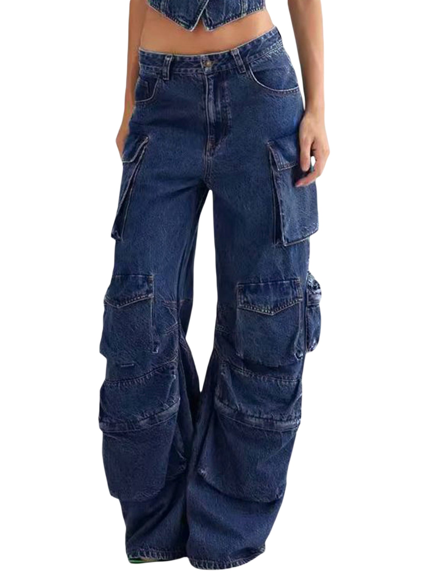 Women Cargo Jeans, Low Waist Zipper Button Closure Loose Trousers