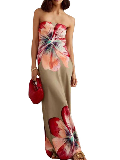 Women Strapless Tube Dress Summer Floral Print Backless Party Dress