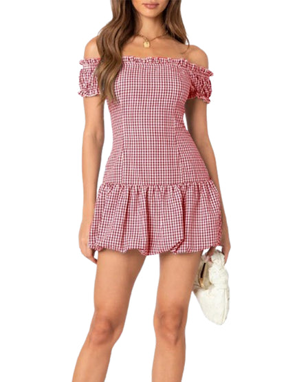 Women Mini Party Dress Short Sleeve Off Shoulder Plaid Tube Top Dress