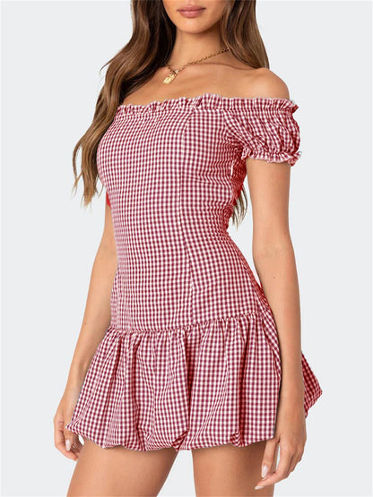 Women Mini Party Dress Short Sleeve Off Shoulder Plaid Tube Top Dress