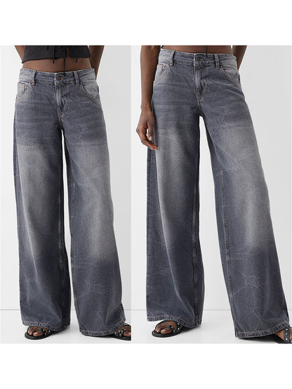 Women Fashion Baggy Jeans Textured Low Rise Spring Denim Pants