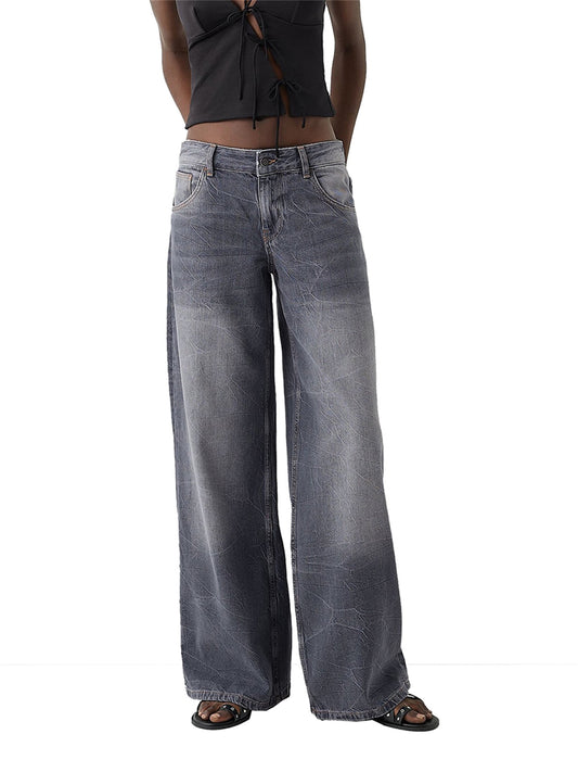 Women Fashion Baggy Jeans Textured Low Rise Spring Denim Pants